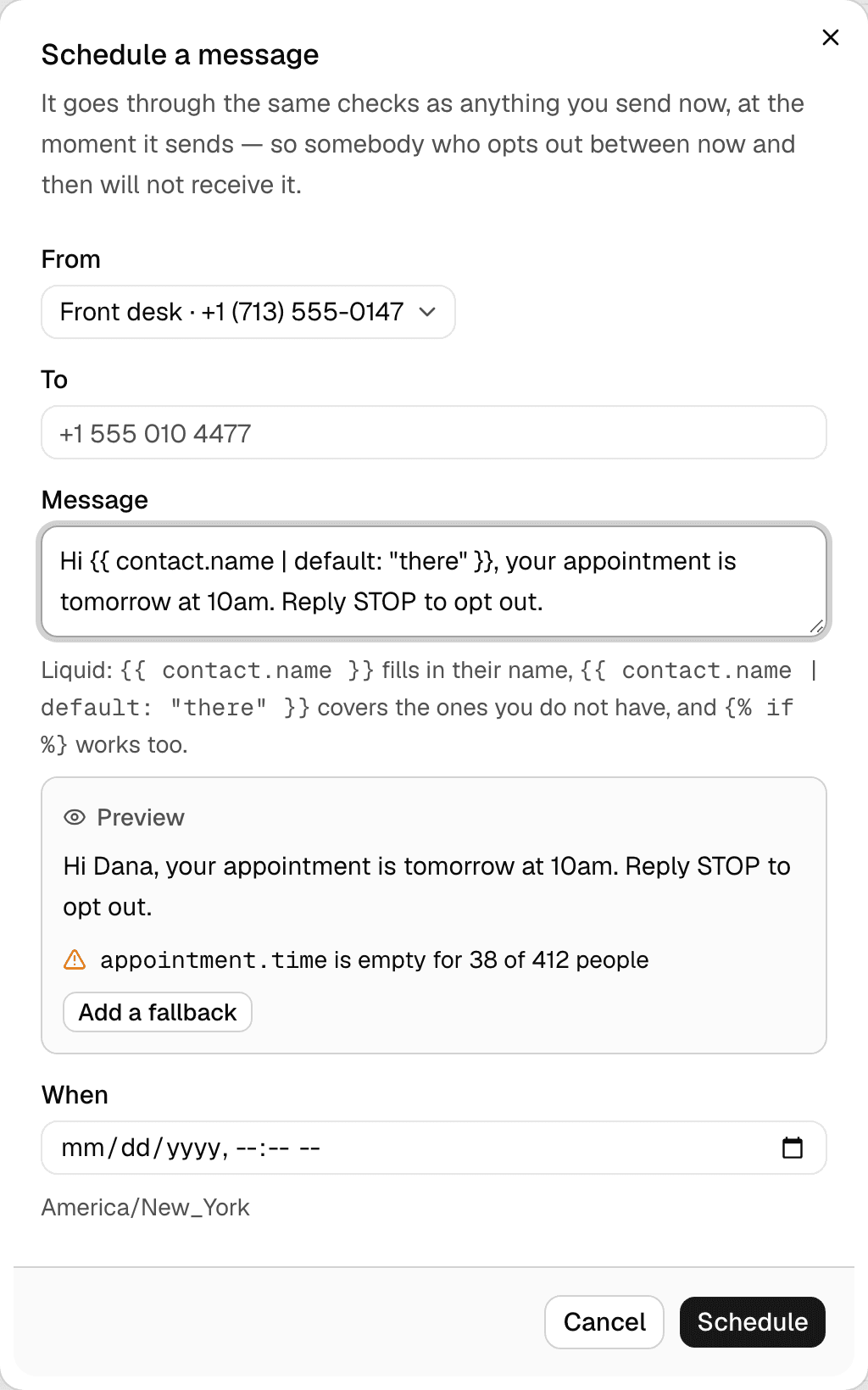 The Schedule a message dialog, with fields for the sending number, recipient, message and the date and time it goes out.
