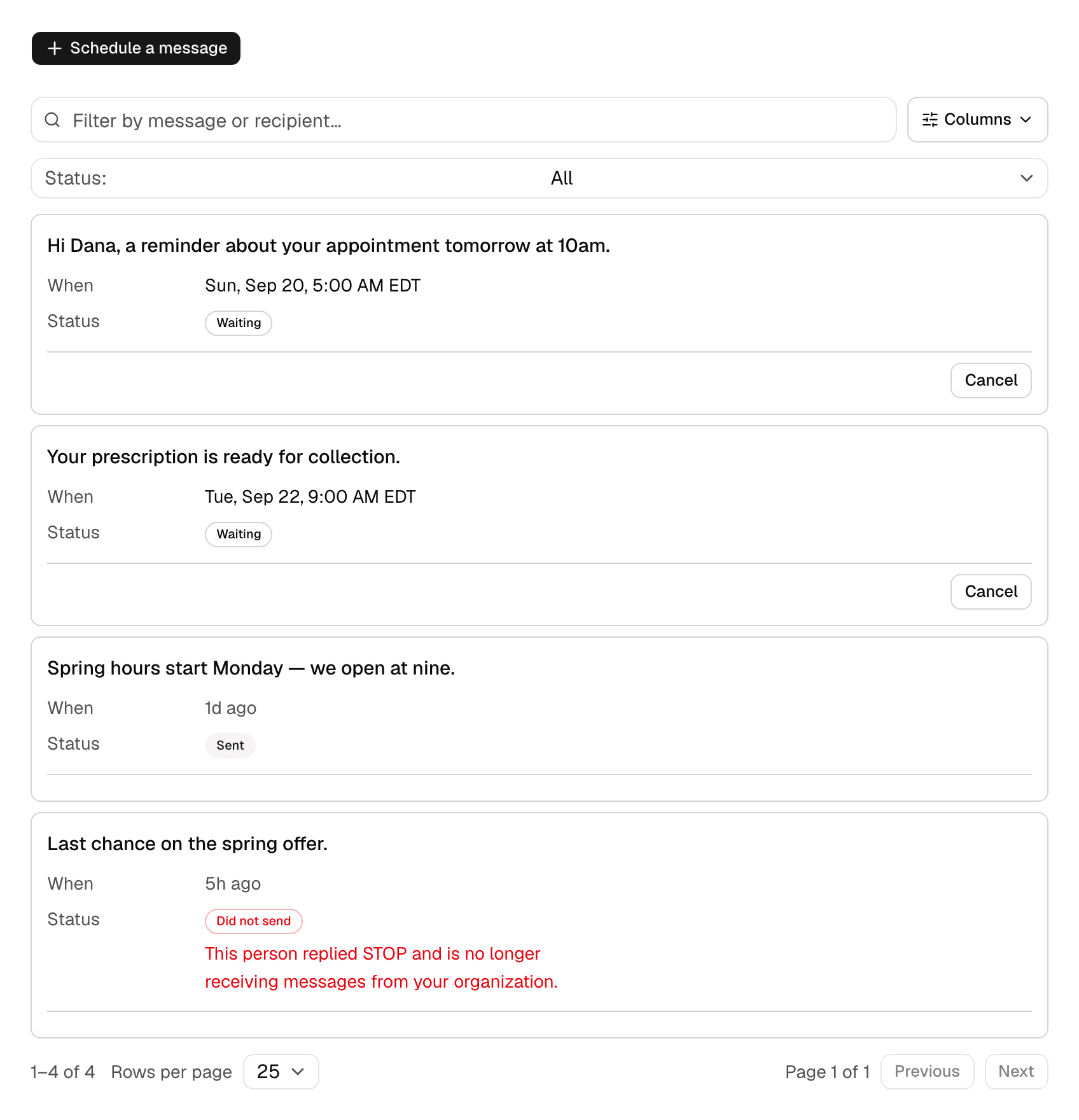 The Scheduled screen: a table of messages with their recipient, the moment they go out, and a status of Waiting, Sent or Did not send.