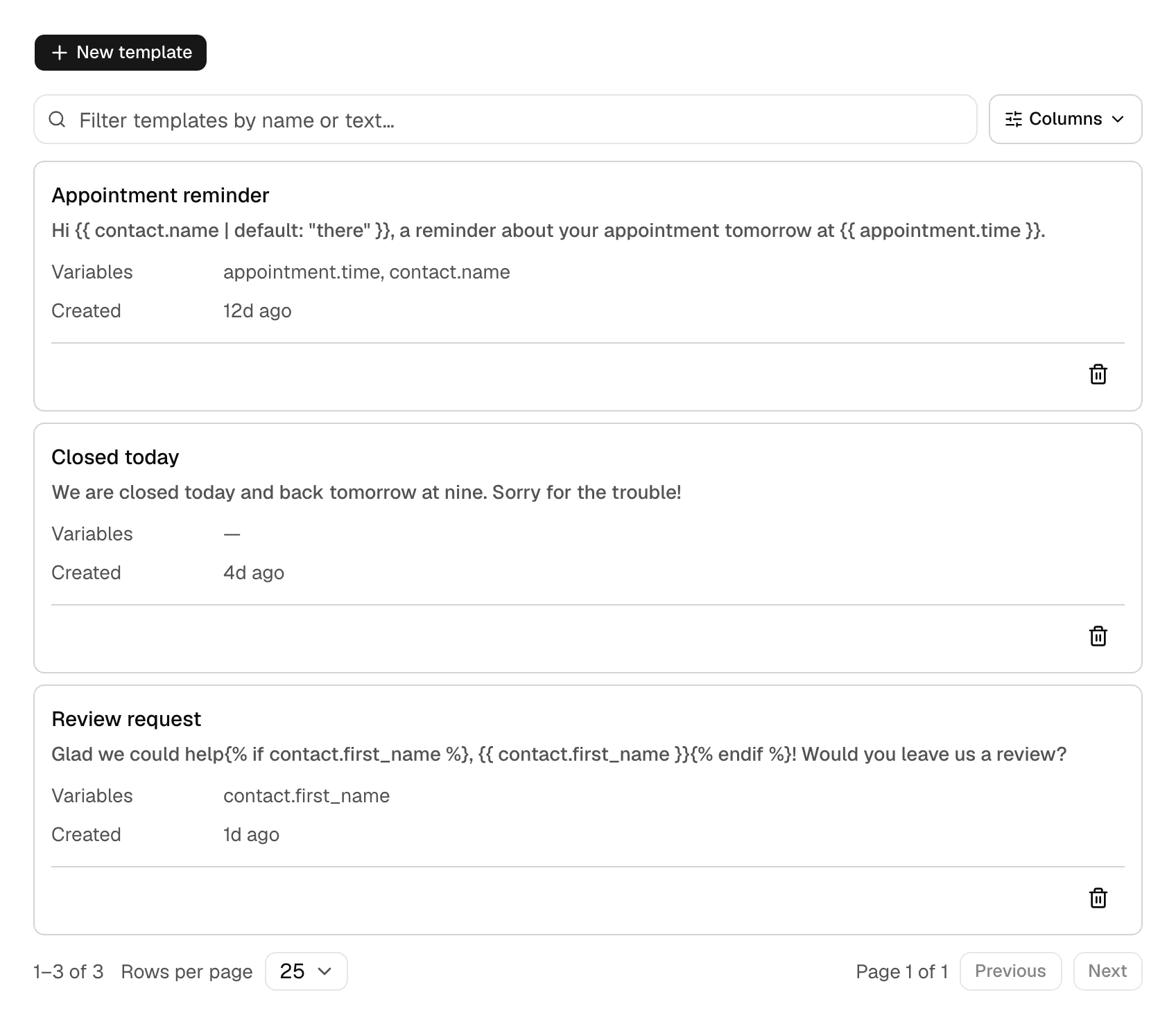 The Templates screen: a table of saved messages with the variables each uses and when it was made.